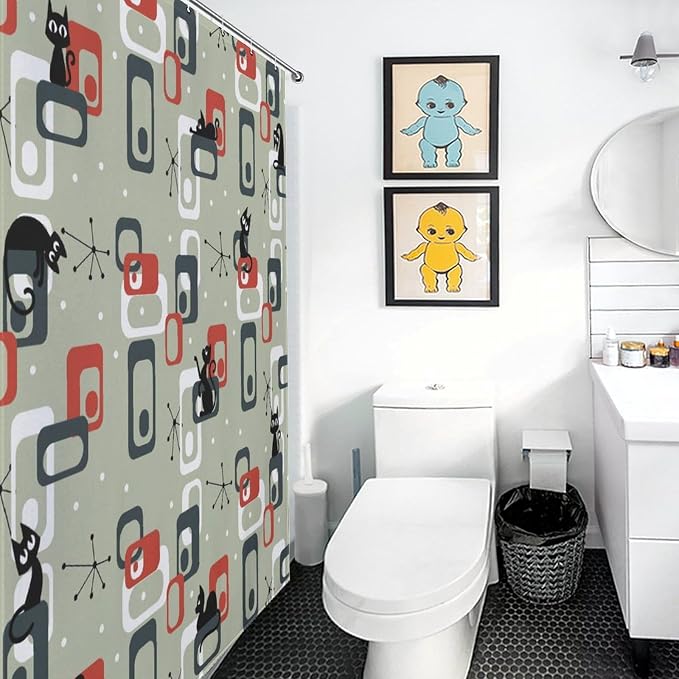 Mid Century Shower Curtain for Bathroom, Modern Cat Abstract Atomic Geometric Print Lovely Black Kittey Retro 1950s 1960s Black Waterproof Fabric Shower Curtain Set with Hooks, 72"x84" Inch