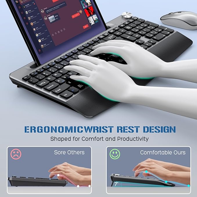 JOYACCESS Wireless Keyboard and Mouse, Ergonomic Wireless Keyboard with Wrist Rest and Phone Holder, Quiet Computer Mouse for Mac PC Laptop-Black Grey