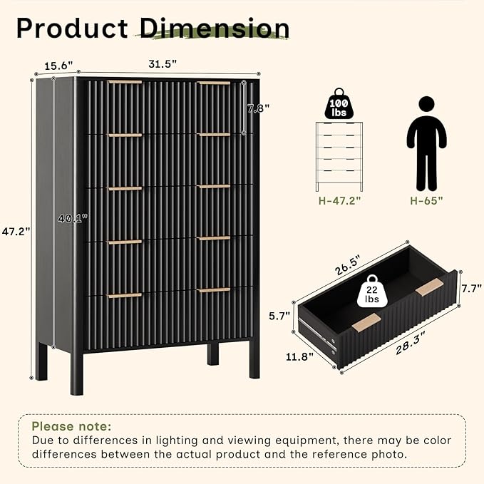 47" Tall Dressers for Bedroom Fluted 5 Drawer Dresser, Wooden Dresser Modern Chest of Drawers Dressers with Organizer Storage for Bedroom, Living Room, Entryway, Black