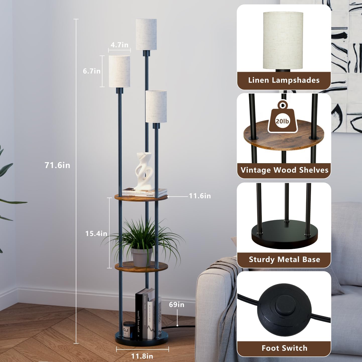 Skiennix Rustic Floor Lamp - 3-Light Standing Lamp with Shelves & Foot Switch | 71" Tall, Black-Liner