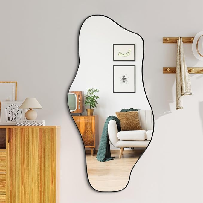 Irregular Wall Mirror, 47.2"x24" Asymmetrical Tempered Glass Mirror, Frameless Organic Shaped Mirrors for Entryway Bedroom Living Room Bathroom, Horizontal or Vertical Hanging