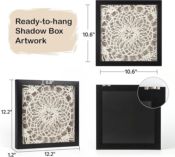 FOLKOR Black and White Framed Wall Art for Living Room, 12" Boho Home Decor Abstract Mandala Artwork, Handmade Rice Paper Shadow Box Art Accent for Housewarming Wedding Gift