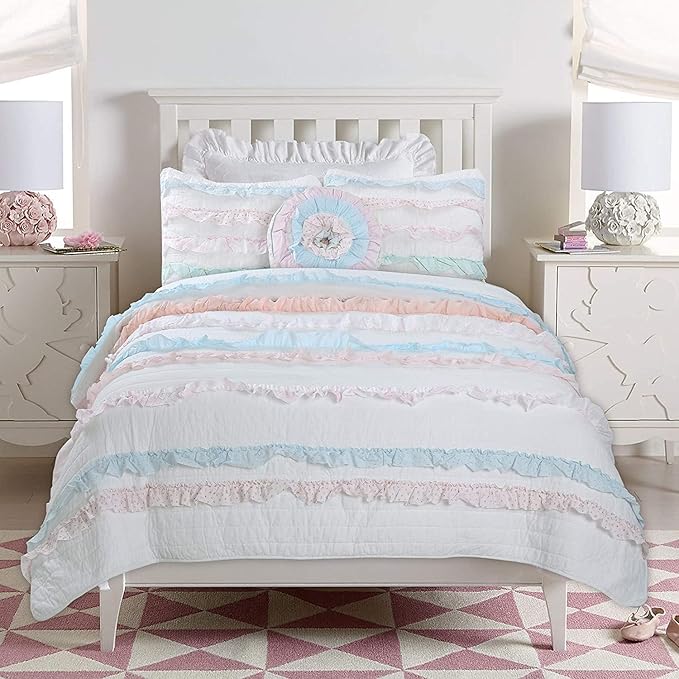 Cozy Line Home Fashions 100% Cotton Chic Ruffle Light Lavender Orchid Blue Flower Print Stripe Bedding Quilt Set, Reversible Coverlet, Bedspread (Chic Ruffle, Queen)