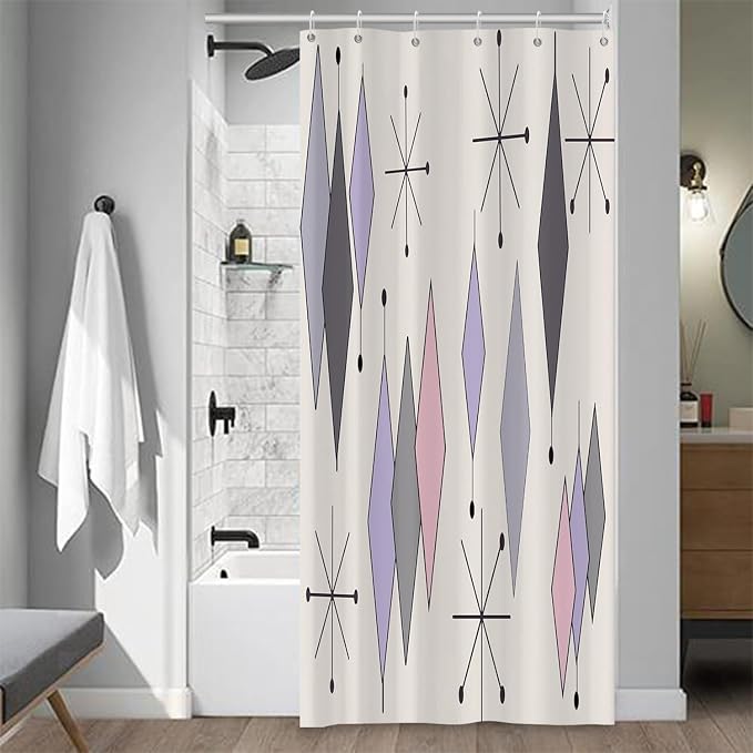 Boho Mid Century Shower Curtain Abstract Purple Grey Pink Diamond Geometric Atomic Starburst Pattern Beige for 1950s Retro Bathroom Decor Shower Curtain Set with 12 Hooks, 36x72 Inches