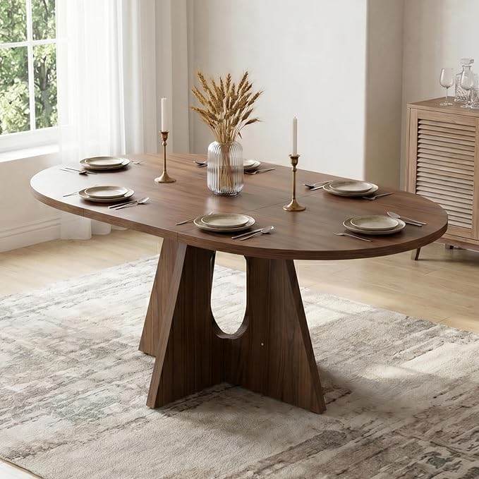 HIPIHOM 43.3"-59" Expandable Round Dining Table, Modern Walnut Kitchen Table, Space Saving Mid-Century Extendable Table for Dining Room