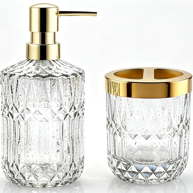 2Pcs White Bathroom Accessories Set, Glass Bathroom Accessories, Vintage Bathroom Countertop Decoration Includes Soap Dispenser, Toothbrush Holder