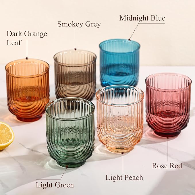 Colored Vintage Drinking Glasses Set of 6-15oz Hand-Blown Highball Ribbed Glassware, Arch Design Cocktail Glasses for Whiskey Water Beverages Ice Coffee Juice Milk
