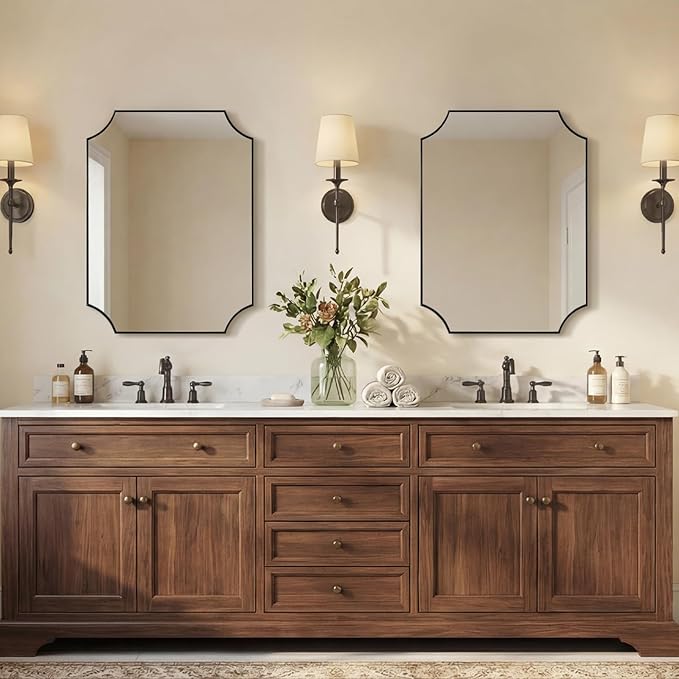 ANDY STAR Bathroom Mirror for Over Sink, 24x32 Inch Black Vanity Mirror, Scalloped Mirrors for Bathroom, Modern Wall Mirror with Aesthetic Scalloped Corner Design, Wall Mount Vertical or Horizontal