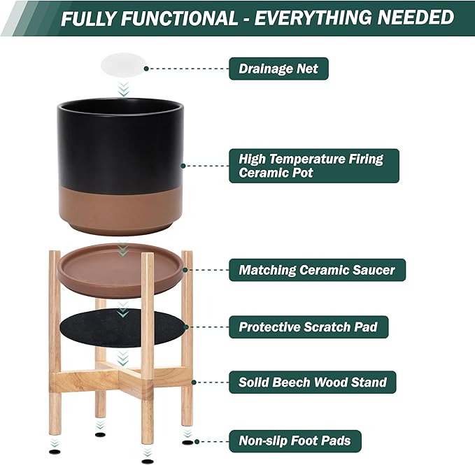 D'vine Dev Ceramic Planter with Natural Stand - 14 Inch Modern Round Flower Pot with Wood Planter Holder, Black/Speckled Tan, 55-B-R-7