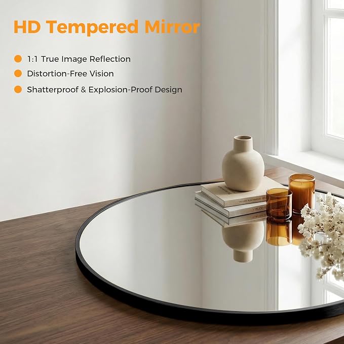 20 Inch Black Round Bathroom Wall Mirror, Round Mirrors for Wall Decor, Circle Mirror for with HD Shatter-Proof Glass for Entryway, Living Room, Bedroom, Dressing Room, Home Decor