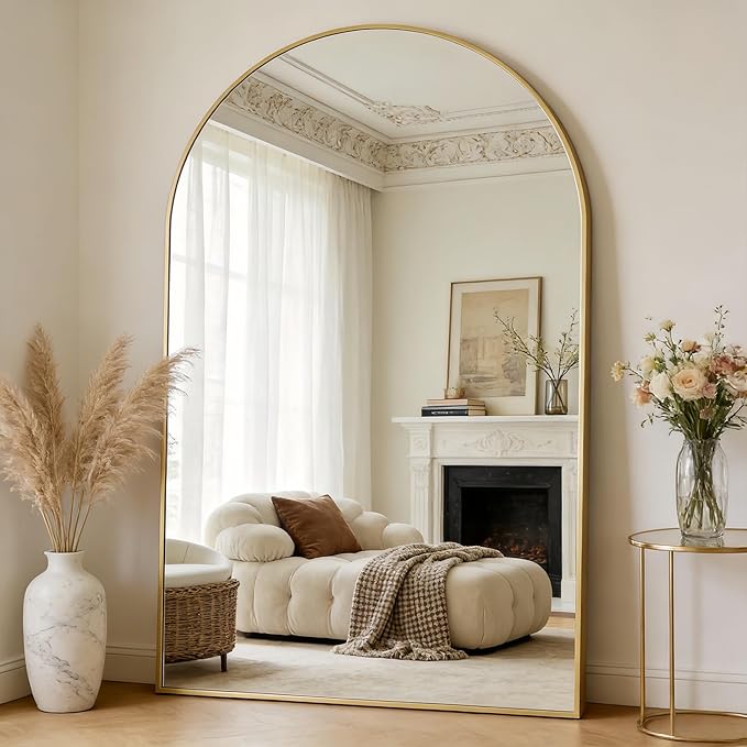 Dewfig Arched Full Length Mirror, 90"x46" Large Floor Mirror with Stand, Oversized Full Body Mirrors for Leaning or Hanging, Wall Mounted Mirrors for Bedroom, Living Room,Dressing Room, Gold