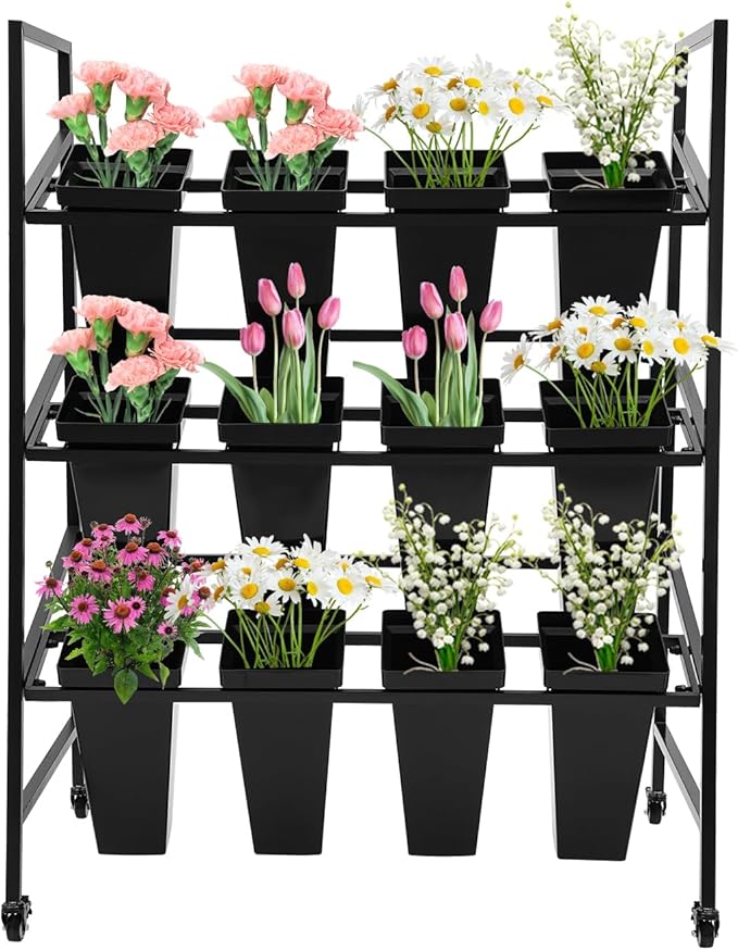 3-Layers Flower Display Stand Metal Plant Holder with 12PCS Buckets Moving Plant Cart Shelf Flower Shelf for Florist Garden Patio,3.28 * 1.84 * 4.04ft (Black Frame With Black Buckets)