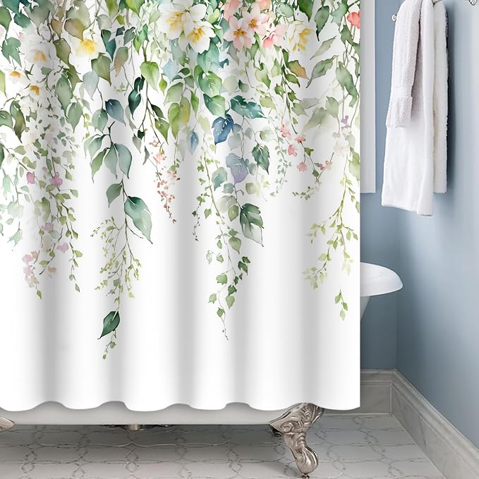 Sage Green Eucalyptus Shower Curtain Watercolor Botanical Floral Leaves Shower Curtain Set Spring Nature Bathroom Decor with 12 Hooks,72x84 Inches