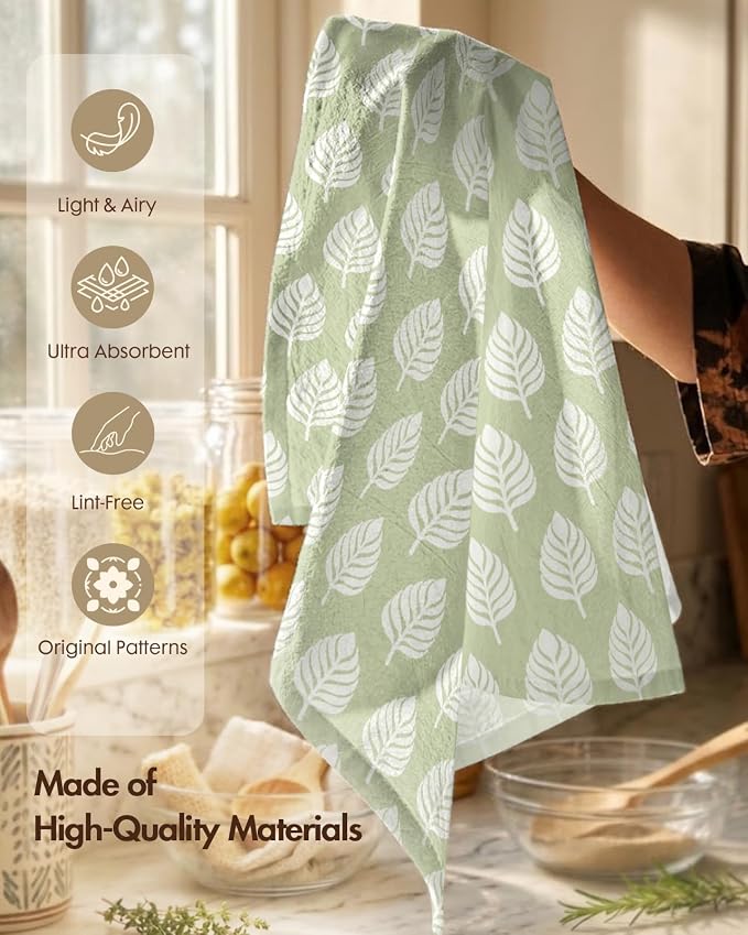 Miss Adola 2 Pack Flour Sack Kitchen Towels - 16x26 Inch Cotton Dish Towels with Hanging Loop Reusable Geometric Boho Modern Retro Tea Towel Absorbent Dishcloths Home Decor, Green Leaf