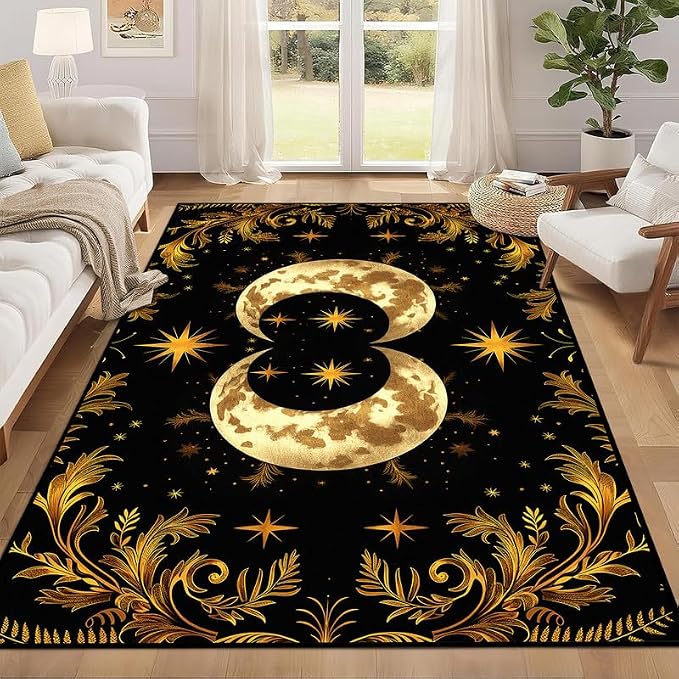 Sun Moon Star Area Rug 3'x5' Golden Boho Carpet Non-Slip Washable Low Pile Floor Mat for Entryway Bedroom Living Room Nursery Playroom Classroom Home Decor