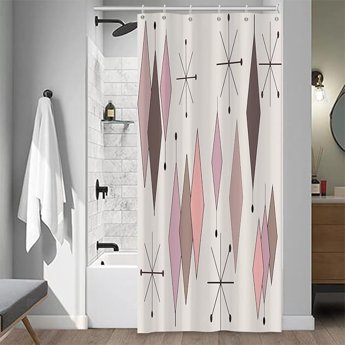 Mid Century Shower Curtain Vintage Abstract Pink Brown Diamond Geometric Atomic Starburst Pattern for 1950s Retro Bathroom Decor Accessories Shower Curtain Set with 12 Hooks, 36x72 Inches