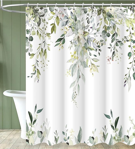 Sage Green Eucalyptus Shower Curtain, Watercolor Leaves Plant Spring Floral Waterproof Fabric Machine Washable with Hooks for Bathroom Bathtub Decor 72x72