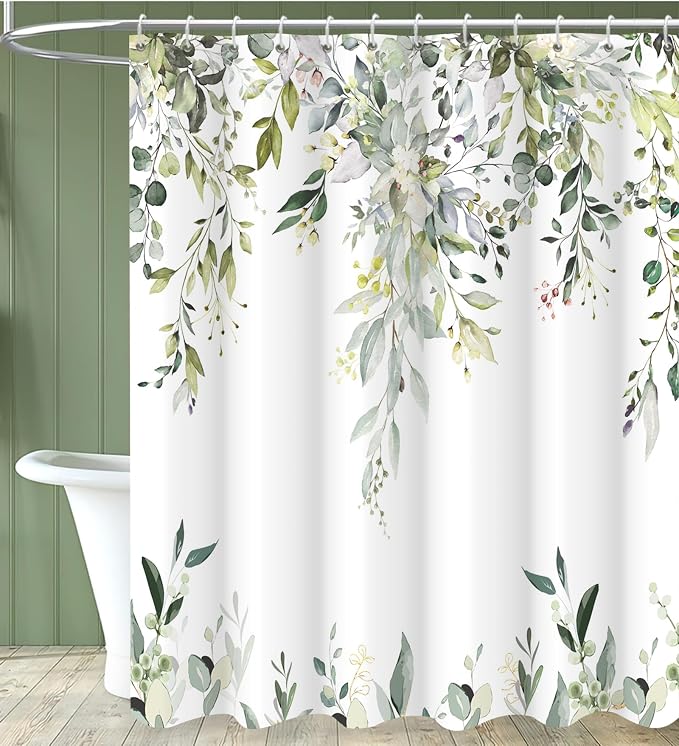 Sage Green Eucalyptus Extra Long Shower Curtain, Watercolor Leaves Plant Spring Floral Waterproof Fabric Machine Washable with Hooks for Bathroom Bathtub Decor 72Wx78H