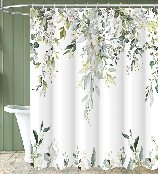Sage Green Eucalyptus Extra Long Shower Curtain, Watercolor Leaves Plant Spring Floral Waterproof Fabric Machine Washable with Hooks for Bathroom Bathtub Decor 72Wx78H