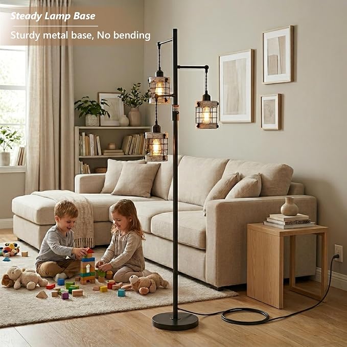 3-Lights Floor Lamp with Metal Wood Cage Lampshades, Vintage Standing Lamp for Living Room, Dimmable Tall Lamp for Bedroom, Industrial Tall Floor Lamps Rustic Corner Lamp for Reading Home Decor