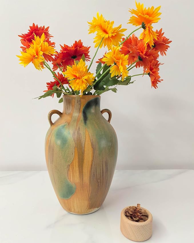 Terracotta Pottery - 10" Unique Decorative Farmhouse Vase with Handle, Green Glazed Earth Yellow Boho Neutral vase Home Decor, Vintage Ceramic Flower vases for Living Room, Kitchen Decor
