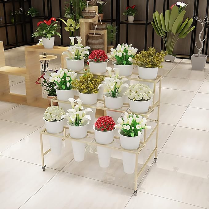 Flower Display Stand With 12PCS Buckets, 3 Layers Metal Plant Stand with Wheels, Heavy Duty Moving Plant Cart Shelf, for Indoor, Outdoor Patio Garden, Living Room, Florist (White - Round Bucket)