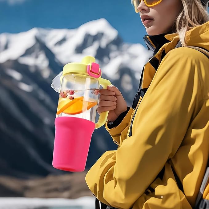 32oz Glass Water Bottle, 2-in-1 Straw and Sip Spout Lid, Leakproof Wide Mouth Tumbler with Handle, BPA-Free Reusable Bottle for Sports, Office, Outdoor, Bright Pink