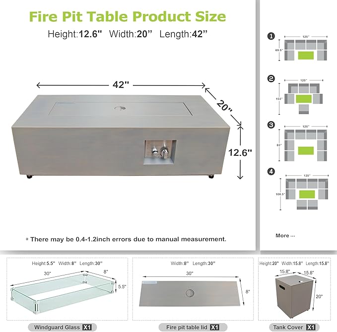 2-Piece 42" LED Rectangular Propane Fire Pit for Outside Patio with Hidden Tank Table, 50,000 BTU Fireplaces with Glass Wind Guard, Lid, Glass Rocks, Cover(Grey w/Warm Light)