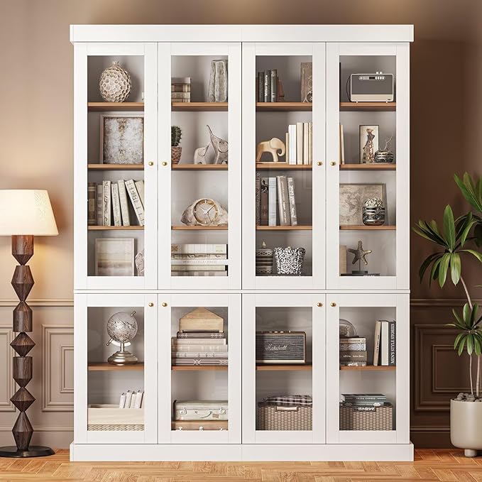 Vyre 70.8" Bookshelf with Glass Doors, Farmhouse Modular Bookcase with 6-Tier Adjustable Shelves, Large Storage Cabinet for Living Room & Home Office, White