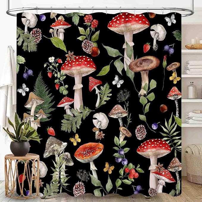 Mushroom Shower Curtain, Farmhouse Country Botanical Mushroom Plants Herbs Rustic Vintage Cottagecore Nature Black Waterproof Fabric Bathroom Shower Curtain Set with Hooks, 72"x78" Inch