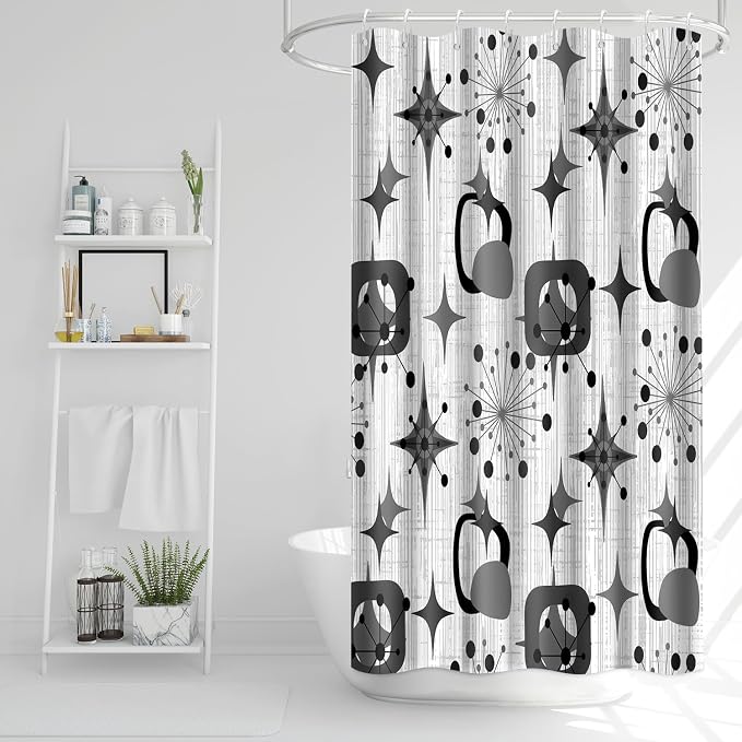 Mid Century Shower Curtain, 36x72inch, Modern Abstract Retro Grey Striped Geometric Shower Curtain Sets 1950s Boho Bathroom Shower Curtain with 6 Hooks
