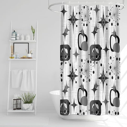 Mid Century Shower Curtain, 36x72inch, Modern Abstract Retro Grey Striped Geometric Shower Curtain Sets 1950s Boho Bathroom Shower Curtain with 6 Hooks