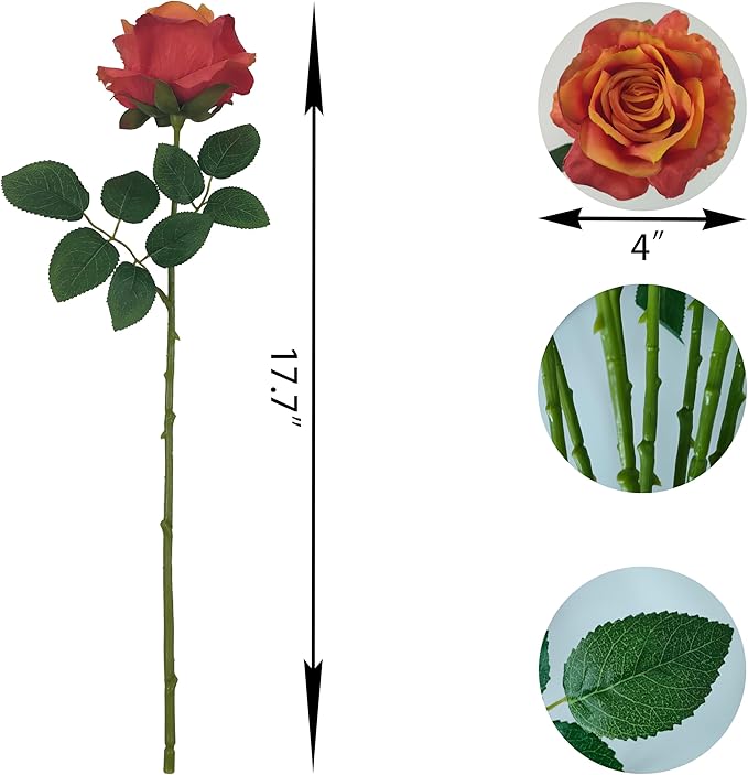 ATFL Fake Sunset Red Roses Artificial Flowers Bulk,Floral Diameter 4'',12 Pcs Artificial Silk Roses Flowers with Stems for Wedding Arrangement Centerpieces Party Home Table Decorations (Orange & red)