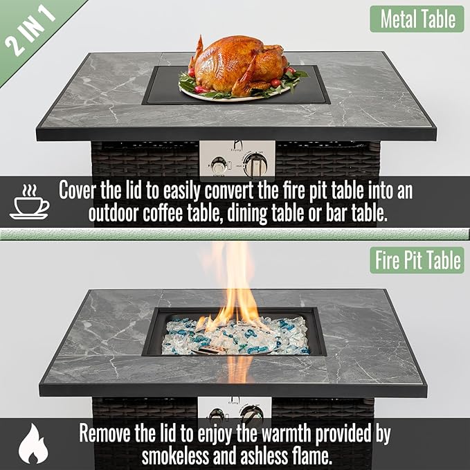 30" Propane Gas Fire Pit Table, 50000 BTU Square Fire Pit with Lid & Glass, Tile Tabletop with Beautiful Wicker Base for Outside Patio Deck Garden Courtyard