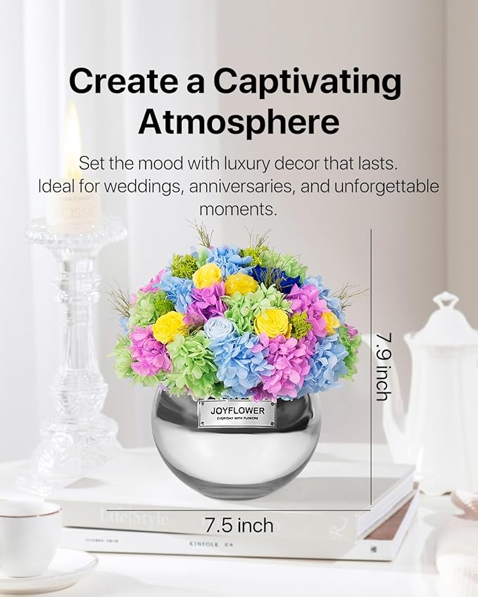 JoyFlower Preserved Flowers Vase Glass Decor, Eternal Flower Vases for Centerpiece, Forever Flower Decorations for Home Wedding Party Table Living Room Bedroom, Preserved Roses in Glass Vase(Colorful)