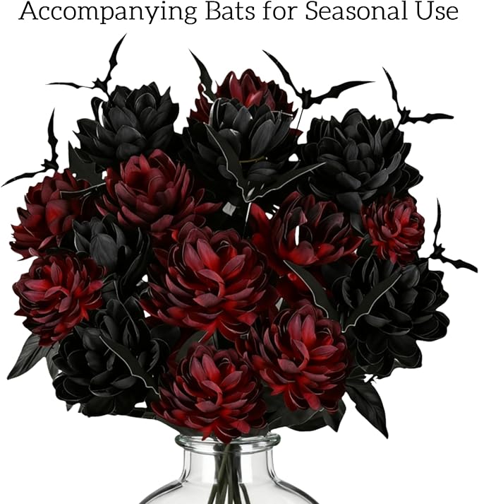 Gothic Black and Red Artificial Dahlia Flowers – Luxury Faux Bouquet for Vase Decor, Dark Aesthetic Centerpiece Arrangement for Modern Home, Living Room, Entryway & Dining Table Décor