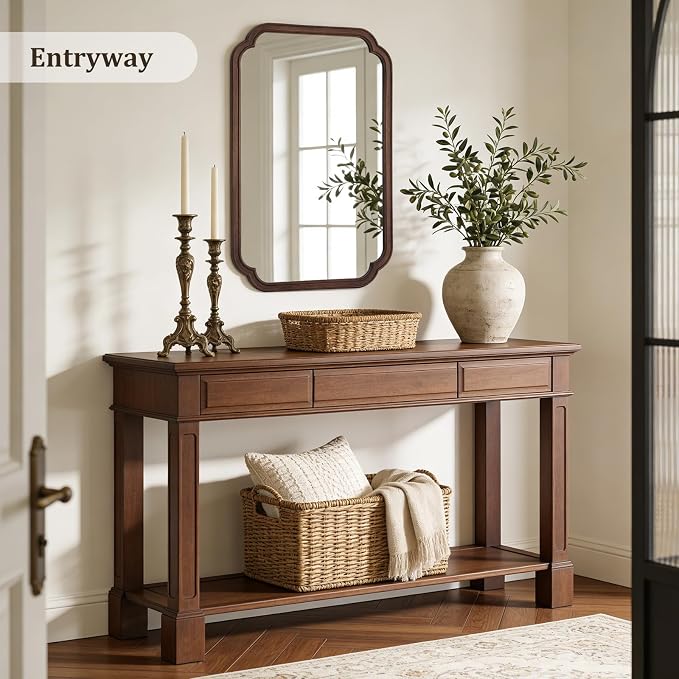WallBeyond Wood Bathroom Mirror for Wall Mounted with Rounded Corner Wood Frame for Entryway, Living Room or Bedroom Home Decor Vertical or Horizontal Hanging [24" x 36" Walnut Color]