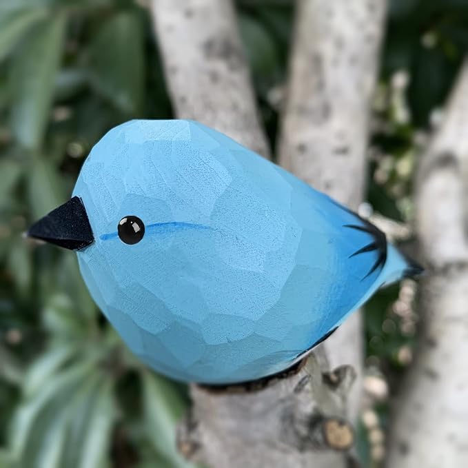 Hand Carved Painted Wooden Birds for Home Decor, Bird Statue for Lovers, Housewarming, Birthday, Christmas, Anniversaries (Blue Robins)