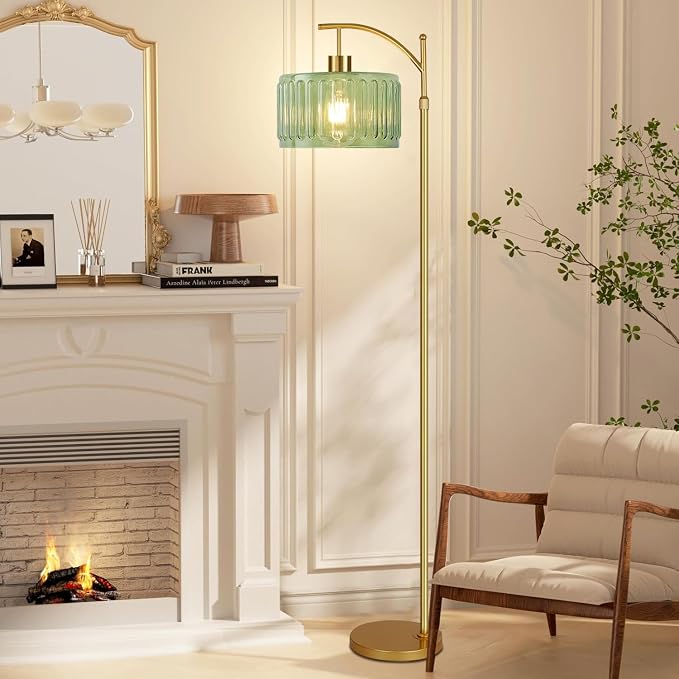 QIYIZM Glass Floor Lamp for Living Room,Bedroom,Gold Dimmable Standing Lamp with Remote,Mid Century Modern Brass Tall Lamp Boho Vintage Retro Floor Lamps Arc Green Flower Floor Light Lamp Bohemian