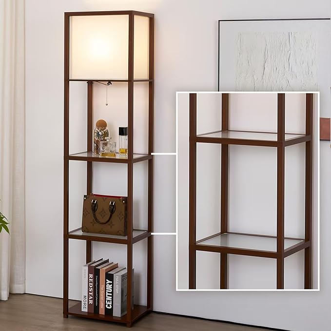 Floor Lamp with Shelves, Modern Shelf Lamps with Tempered Glass, Standing Lamp with LED Bulb, Display Corner Shelf with Lights for Living Room, Bedroom, Office, Brown