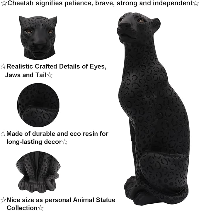Cheetah Statue Black Panther Black Leopard Statue 11”H Resin Modern Animal Sculpture Figurine Desktop Table Top Decoration for Home Office Decor
