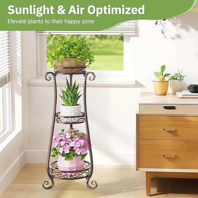 KMOTASUO 3 Tier Metal Plant Stand for Multiple Large Planters Indoor Outdoor Organizer, Heavy Duty Tall Flower Rack for Corner Patio Bathroom Office Corner, Modern Sturdy Vertical Iron Rack, Bronze
