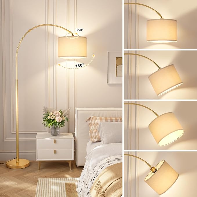 Ambimall Dimmable Arc Floor Lamp with Remote, Color Temperatures and Brightness Adjustable, Arched Floor Lamp with Rotating Head, Over Couch Arched Reading Light for Living Room (Deep Beige and Gold)