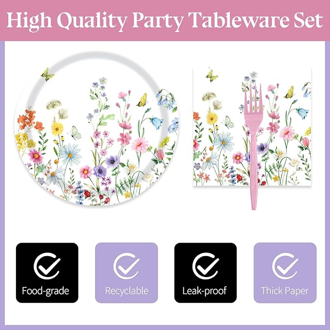 72 Pcs Wildflower Paper Plates and Napkins Party Supplies, Floral Party Plates and Napkins Tableware Set for Spring Summer Picnic Wedding Birthday Baby Shower Tea Party Decorations Serves 24