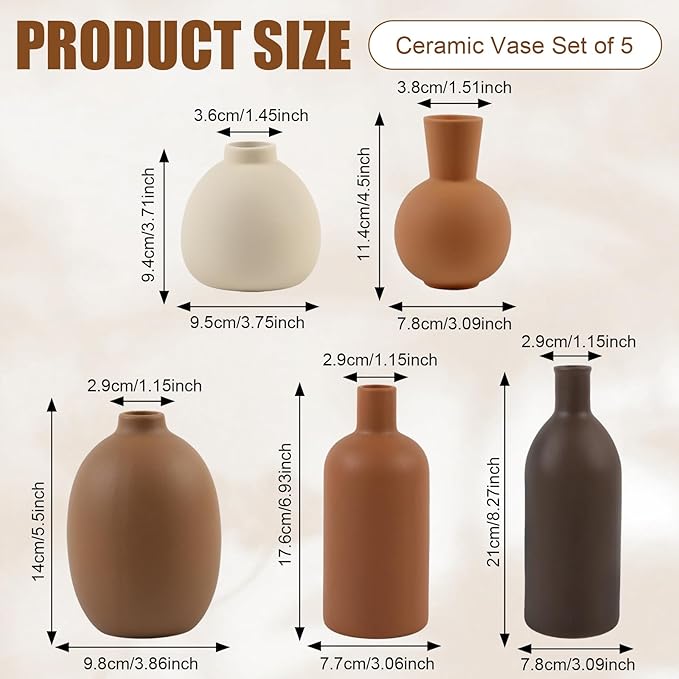 Small Ceramic Vase Set of 5 Modern Home Decor Handmade Pottery Vase for Home TV Stand Living Room Fireplace Farmhouse Bathroom Entry Table Dining Table Decor