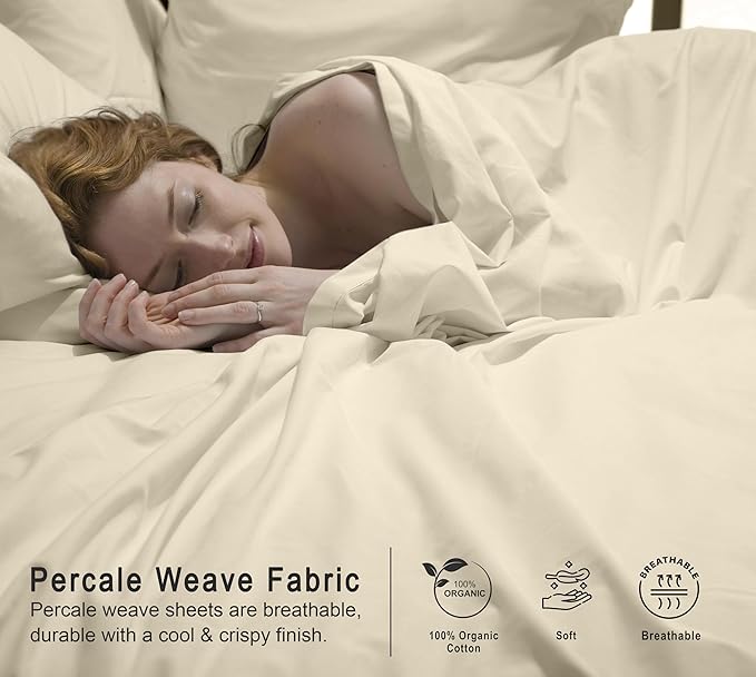 RUVANTI 100% Organic Cotton Sheets Twin XL, Percale Weave, GOTS Certified, 3-Piece Set, Deep Pocket 15", Crisp & Breathable, Soft Durable Bedding, Sábanas Algodón Orgánico – Cloud Cream
