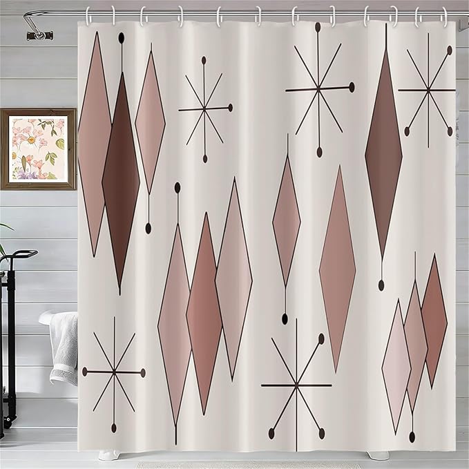 Mid Century Shower Curtain Abstract Light Brown Diamond Geometric Atomic Starburst Pattern Beige Backdrop for 1950s Retro Bathroom Decor Shower Curtain Set with 12 Hooks, 72x96 Inches
