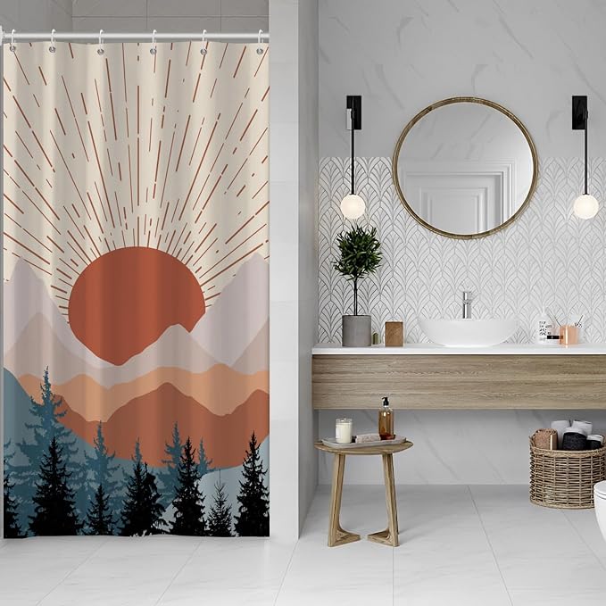 Abstract Mid Century Shower Curtain Boho Sunset Geometric Mountain Forest Aesthetic Bath Curtain Minimalist Home Decor Waterproof Fabric with Hooks 36x72 inch