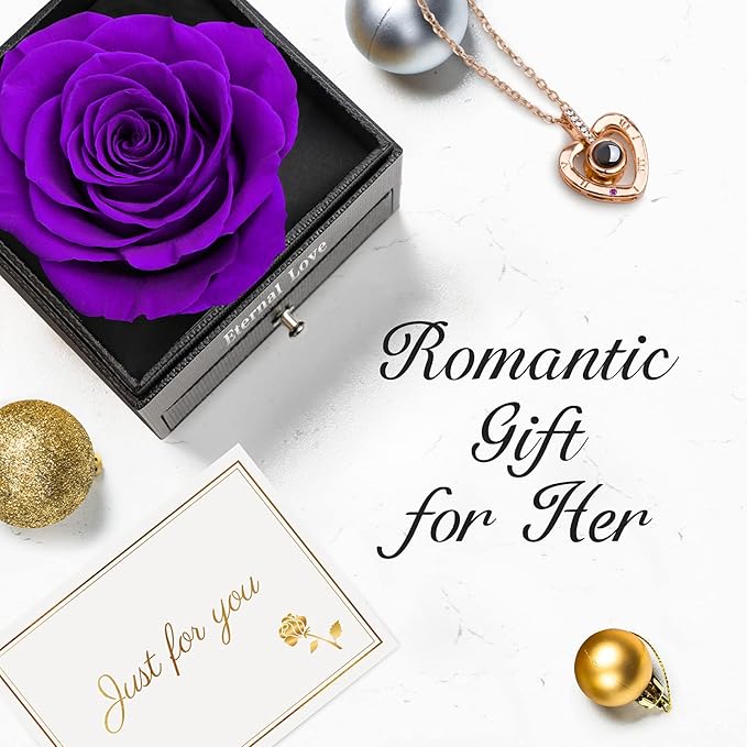 for Mom Preserved Real Rose with I Love You Necklace in 100 Language Gift for Her, Mom Girlfriend Women,Wife, Eternal Real Rose Flower for Birthday Anniversaries