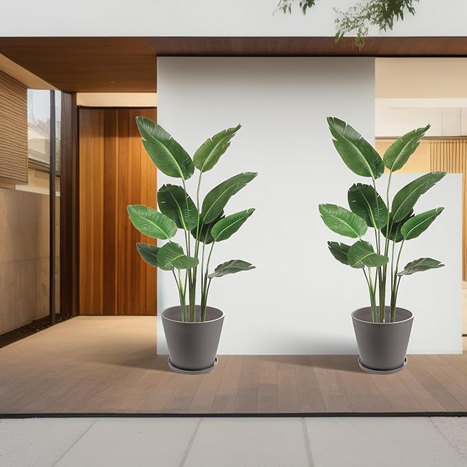 Kozyard 2Packs Round Planter Indoor Outdoor Plant Pots with Tray Collecting Water for Porch, Patio, Backyard Planters Modern Décor for Tall Plants Flowers GrayishBrown